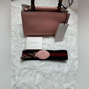 Gucci Blush Pink Leather Bag with Red and navy Strap-with bamboo handle